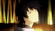 a man with black hair is standing in a dark forest