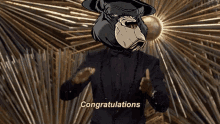 a man in a tuxedo with a gorilla on his head says congratulations