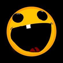 a yellow smiley face with a white tooth and a red mouth