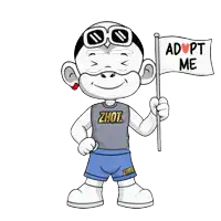 a cartoon character with adopt me written on a flag