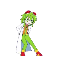 a cartoon of a girl with green hair and a white coat