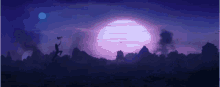 a purple sunset with a man holding a hammer