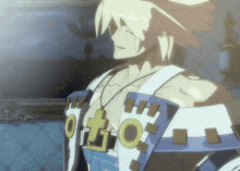 a man in a white and blue outfit has a necklace with a cross on it