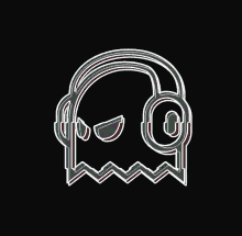 a neon sign of a ghost wearing headphones and sunglasses on a black background