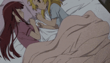 two anime girls are sleeping on a bed with pink pillows