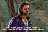 a man with a beard and a purple jacket is talking to a woman in a video game .