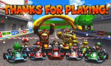 a video game screen says thanks for playing with a bunch of characters
