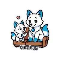 a sticker of two foxes on a couch with the word strategy below them