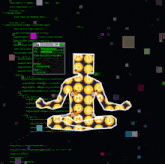 a computer screen shows a person in a lotus position with a pattern of letters on their body
