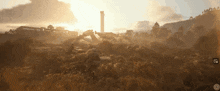 a screenshot of a video game shows a tower in the background