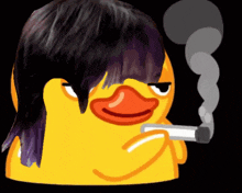 a duck with purple hair is smoking a cigarette on a black background