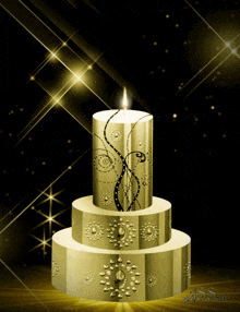 a gold cake with a candle on top of it and the words 45 sun below it