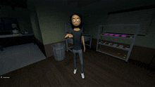 a cartoon character standing in a dark room with a trash can and a shelf