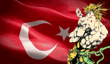 a cartoon of a man standing in front of a flag with a crescent moon and star