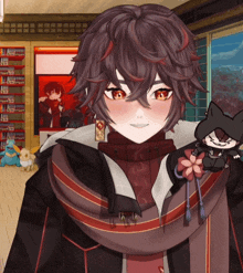a boy with red eyes and a scarf around his neck holds a stuffed animal