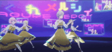 a group of anime girls are dancing in front of a neon sign that says " figure energy "