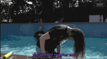 a man in a black shirt is kneeling in a pool with the words pool yourself together man below him