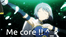 a girl with blue hair is holding a sword and says me core !