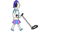 a cartoon of a girl wearing headphones and holding a metal detector