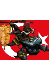 a cartoon character with a red hat is riding a robot with a gyro on it
