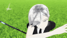 a girl with white hair is holding a sword