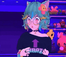 a girl with blue hair and glasses is wearing a shirt that says brat .