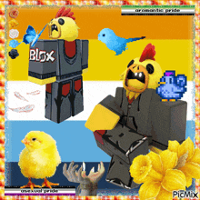 a picture of a chicken with the word blox on his shirt