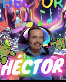 a colorful poster for hector with a man and frogs