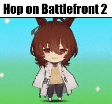 a cartoon of a girl with a horse on her head and the words `` hop on battlefront 2 '' .