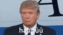 donald trump is wearing a suit and tie and has the word hahuuu on his chest .