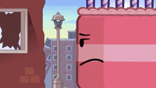 a cartoon drawing of a pink cake with a sad face