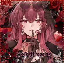 a picture of a girl with pink hair has the words sol 's property on it