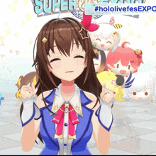 a girl in a blue dress is smiling in front of a sign that says " super "