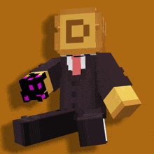 a minecraft character in a suit and tie with a square on his head