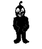 a black and white pixel art drawing of a cartoon character with a skull on his head .