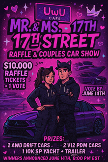 a poster advertising a raffle and couples car show