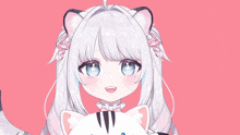a girl with white hair and blue eyes is holding a cat on a pink background