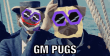 gm pugs is written on the bottom of a picture of two pugs