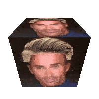 a man 's face is displayed in a cube with a white background