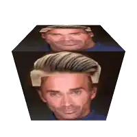 a man 's face is displayed in a cube with a white background