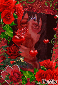 a picture of a man surrounded by red roses and hearts with picmix written in the corner