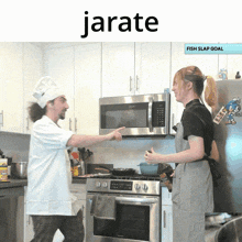a man and a woman in a kitchen with the word jarate on the top