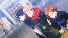 three anime characters are standing next to each other in front of a building that says ' a ' on it