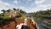 a screenshot of a minecraft world with a river and trees