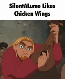a cartoon character is holding a bag of chicken wings in his hand .