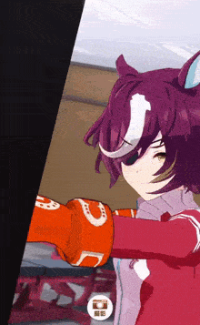 a girl with purple hair is wearing boxing gloves with a horse on them