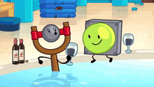 two cartoon characters are standing next to each other in a pool with bottles of wine and glasses of wine