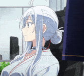 a girl with long white hair is sitting in a chair and looking to the side