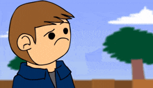 a cartoon of a boy with a sad face and a tree in the background