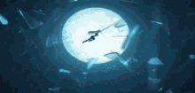 a person is flying through a hole in the moon